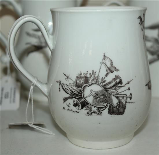 A Worcester black printed King of Prussia baluster mug, dated 1757, 4.6in.